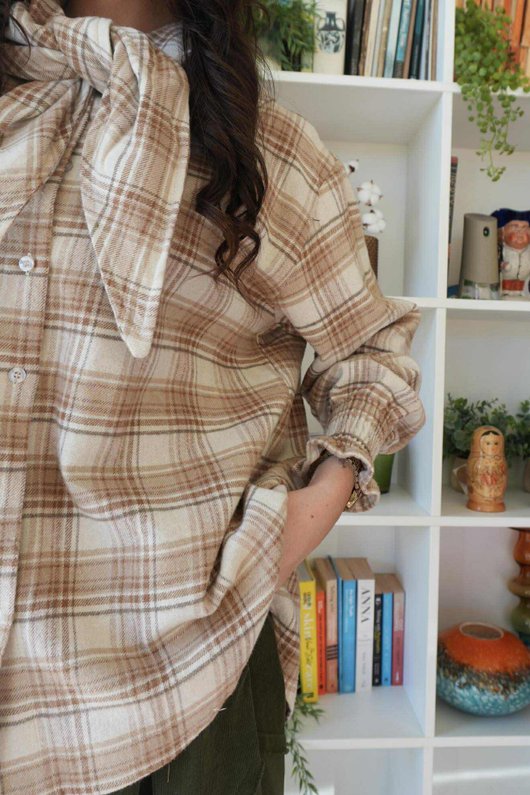 Agnes Plaid Brushed Cotton Neckerchief Blouse Camel